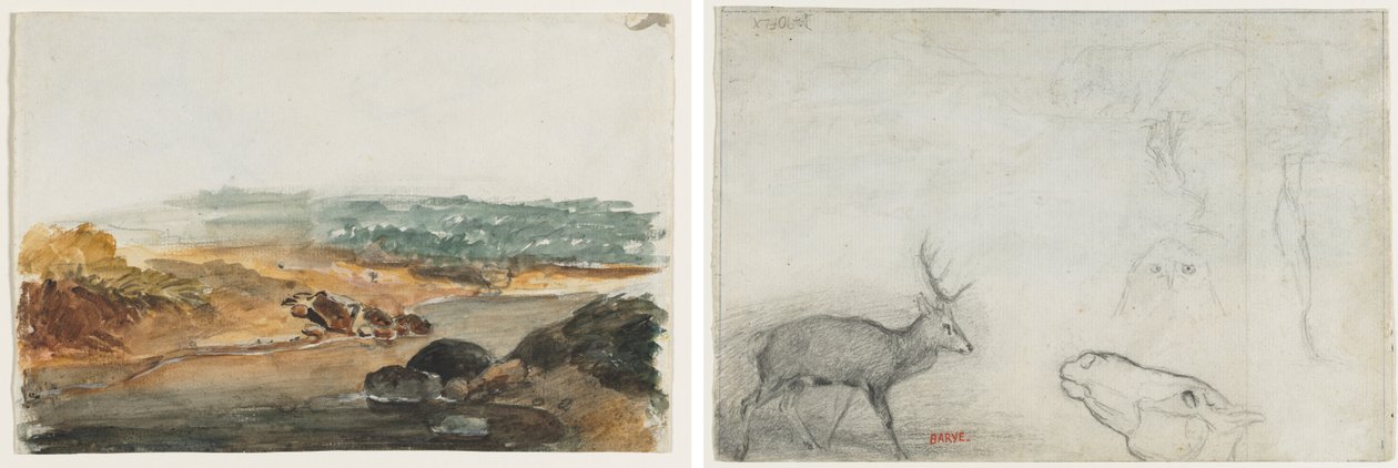 Landschap (recto); Studies van Dieren (verso) door Antoine Louis Barye