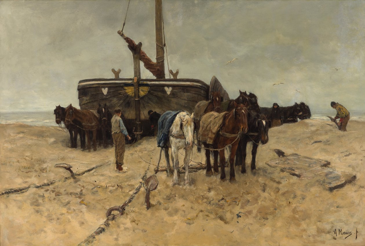 Vissersboot op het strand door Anton Mauve