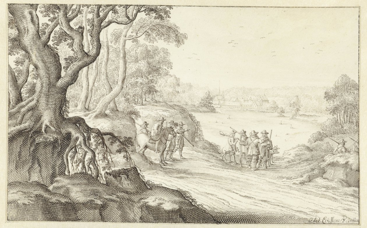 Jagers in een heuvelachtig landschap door Anton Crussens