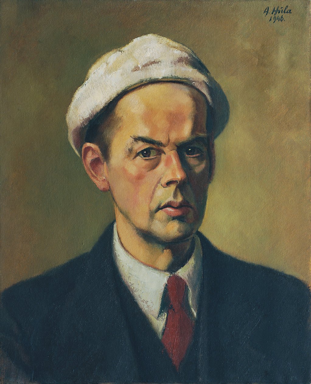 Zelfportret met witte muts door Anton Hula