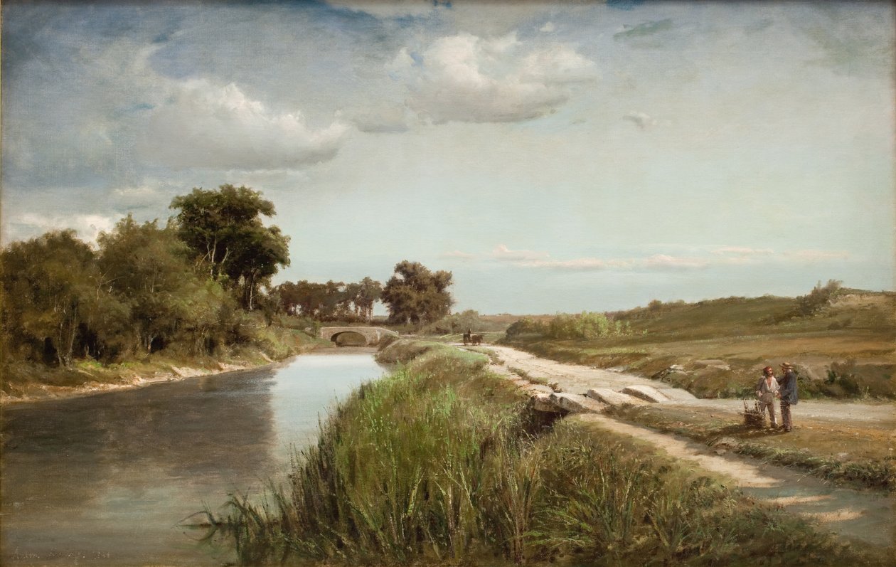 Frans rivierlandschap met een brug door Anton Melbye