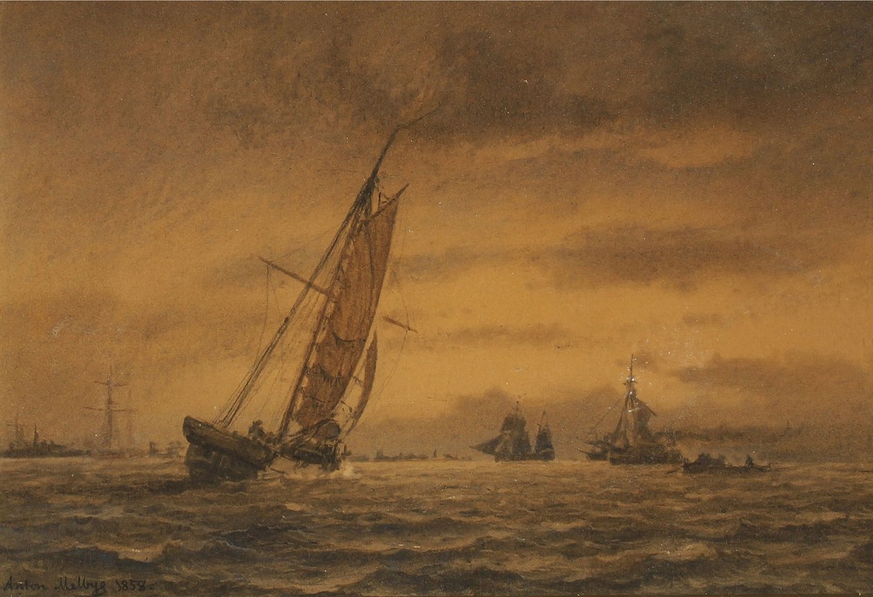 Talloze zeilschepen op zee door Anton Melbye