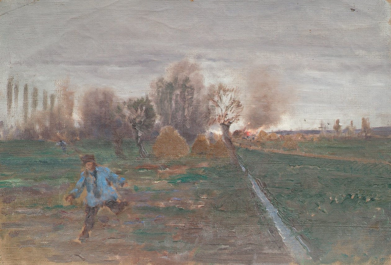 Landschap met brandende boerderij door Anton Nowak