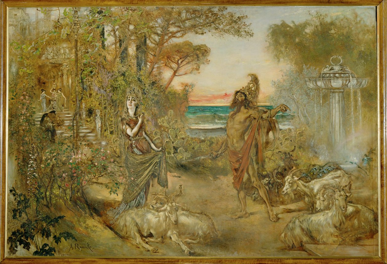 Circe en Odysseus ... (schilderij op doek) door Anton Romako
