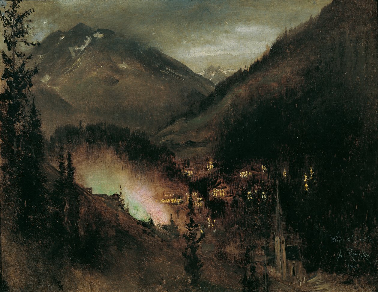 Wildbad Gastein in de avond (bij Bengalische verlichting) door Anton Romako