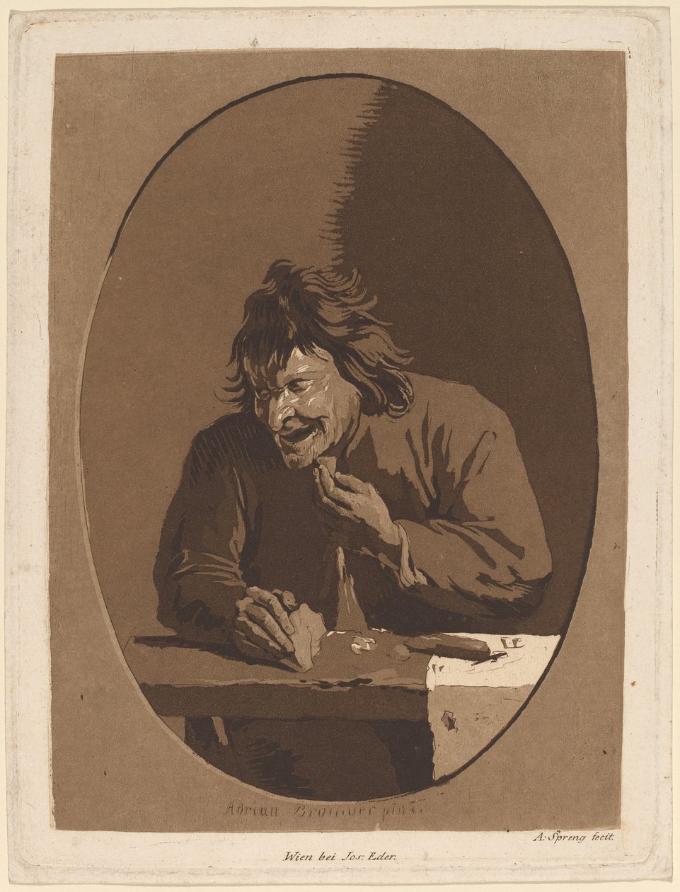 Een boer die eet door Anton Spreng after Adriaen Brouwer; published by Joseph Eder