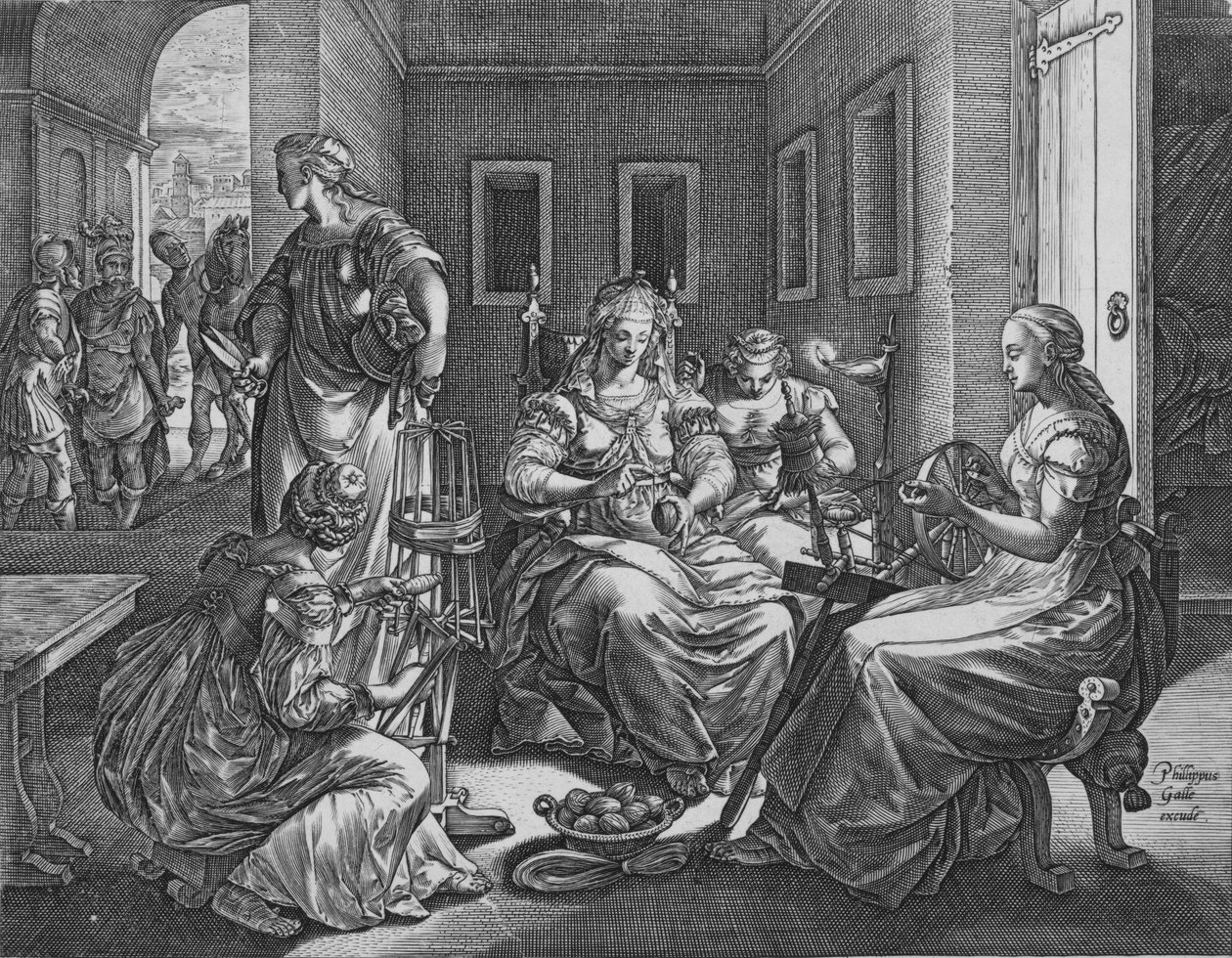 Lucretia en haar dienstmeisjes aan het spinnen, 1537-45 door Antonio Fantuzzi