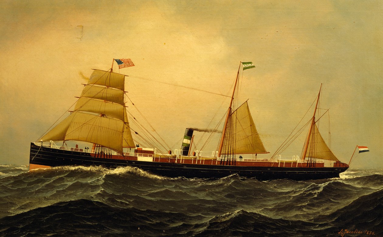 Stoomschip Schiedam in ruwe zee door Antonio Jacobsen