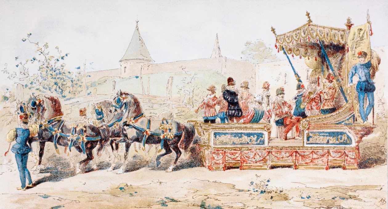 Paardgetrokken versierde wagen met professionele muzikanten, 16e eeuw, 1886 door Armand Jean Heins