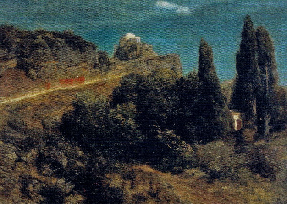Bergkasteel met krijgerstoet door Arnold Böcklin