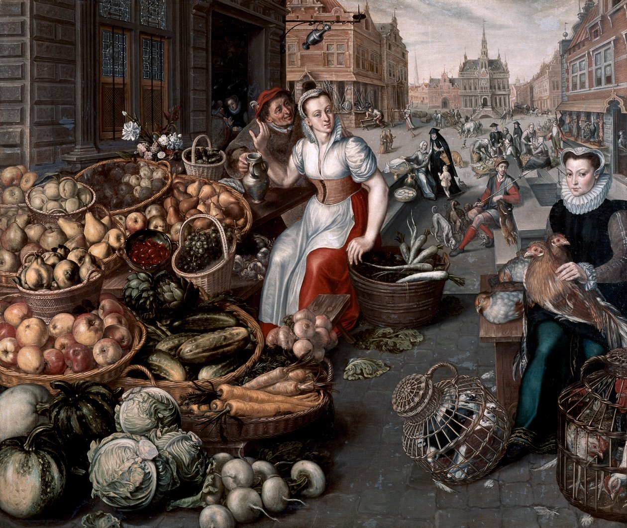 Vrouw die fruit en groenten verkoopt, c.1590 door Arnout de Muyser