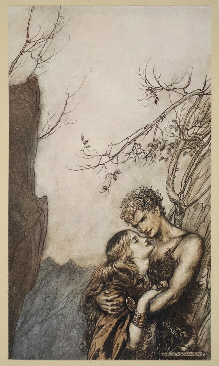 Brunnhilde werpt zich in de armen van Siegfried, illustratie uit 