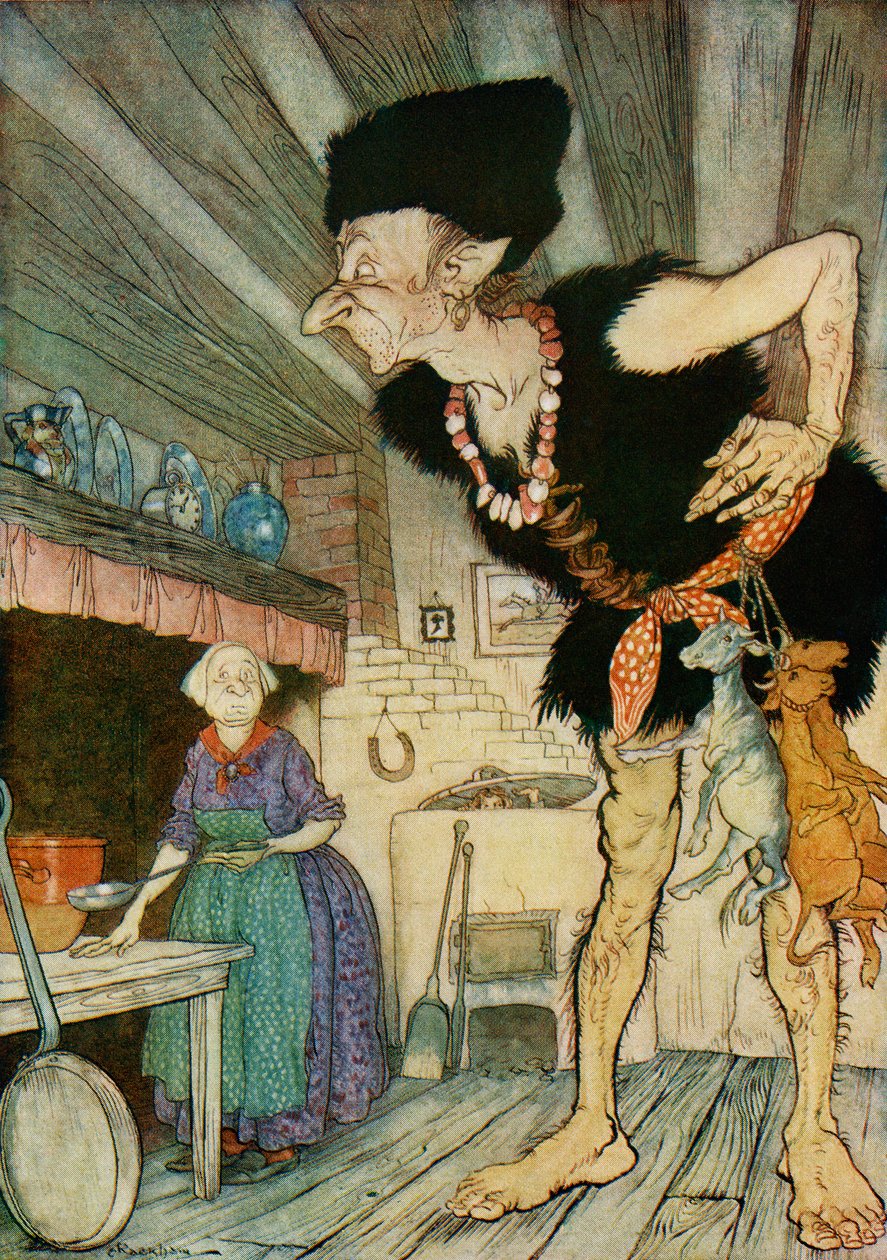 Fee fi fo fum ik ruik het bloed van een Engelsman, illustratie uit Jack en de Bonenstaak uit Engelse sprookjes naverteld door F.A. Steel, 1927 door Arthur Rackham