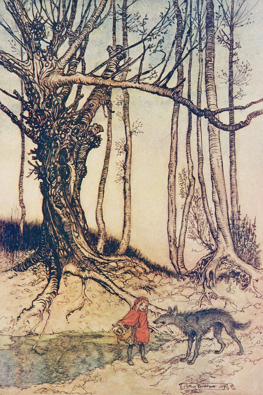 Toen ze bij het bos kwam, ontmoette ze een wolf, uit De Sprookjes van de Gebroeders Grimm, pub. 1909 door Arthur Rackham