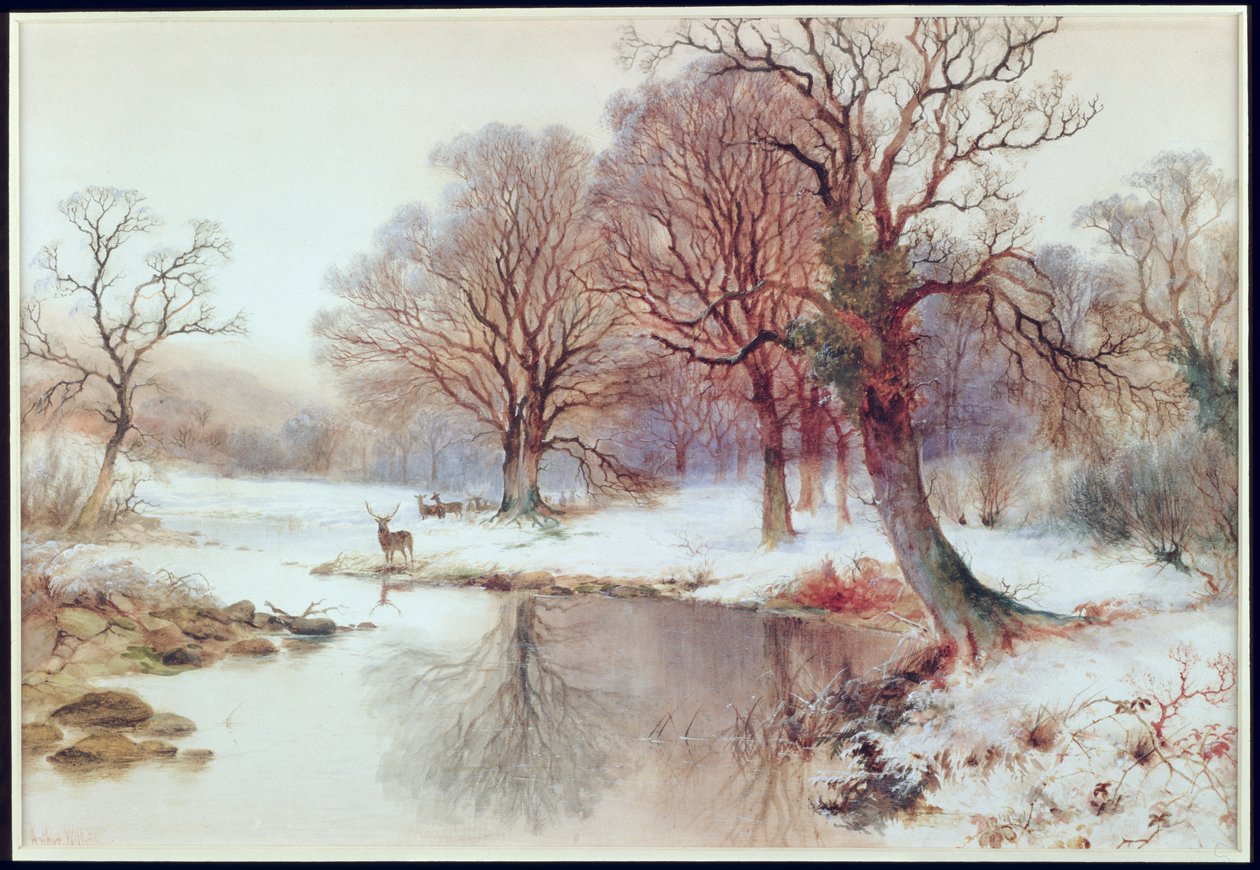 Sneeuwlandschap met herten door Arthur Willett