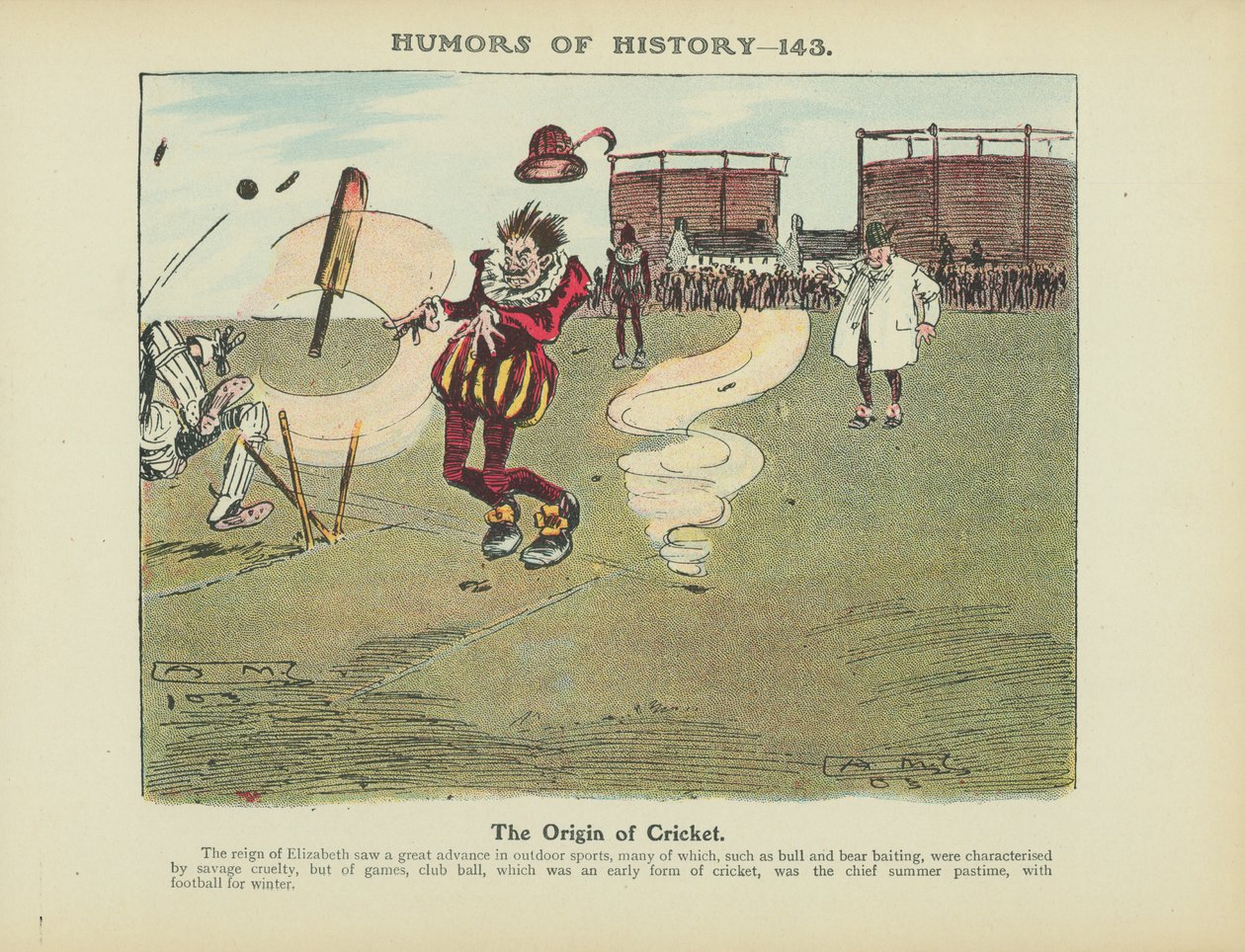 De oorsprong van cricket (kleurenlitho) door Arthur Moreland