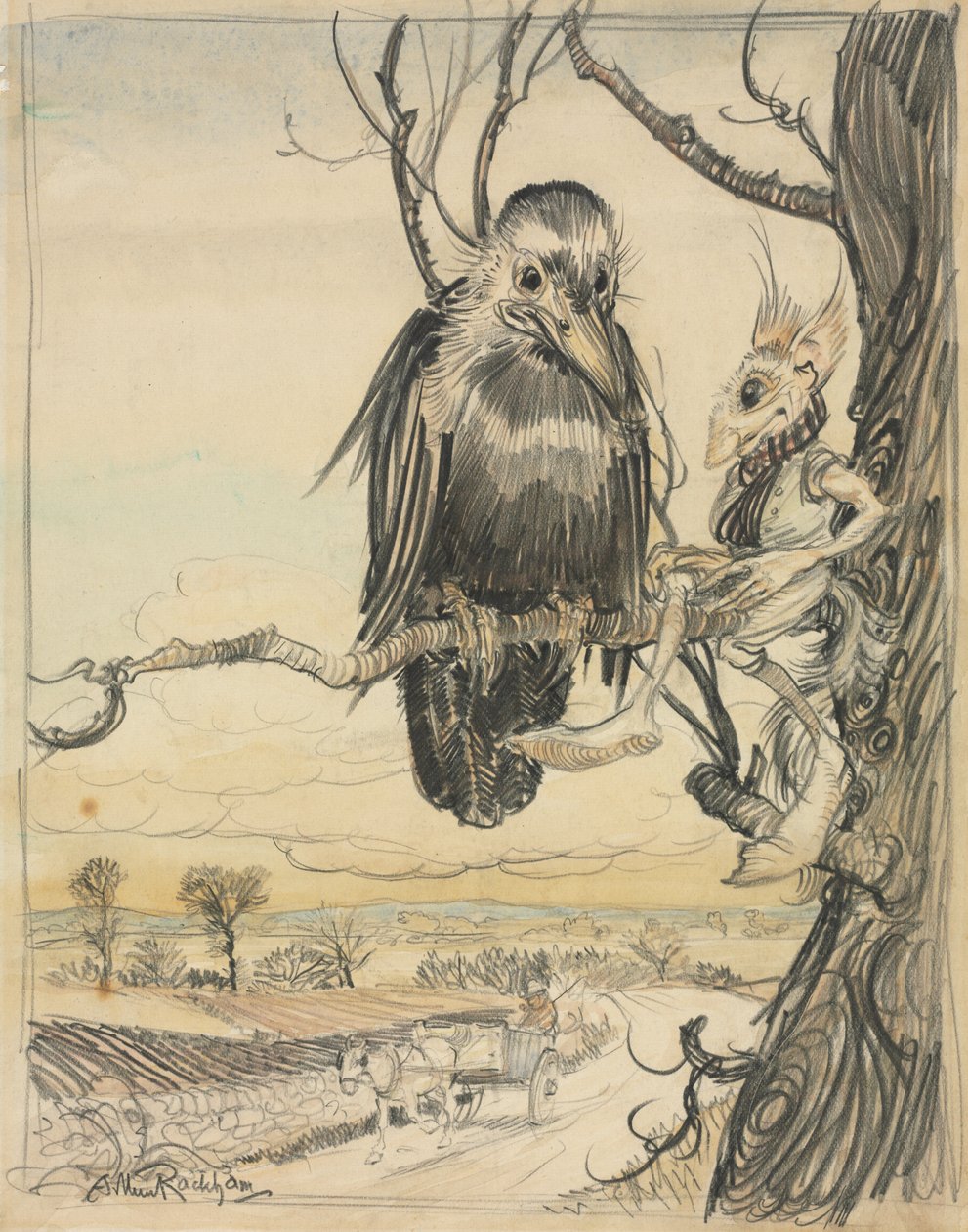 Een eekhoorn en een kraai door Arthur Rackham