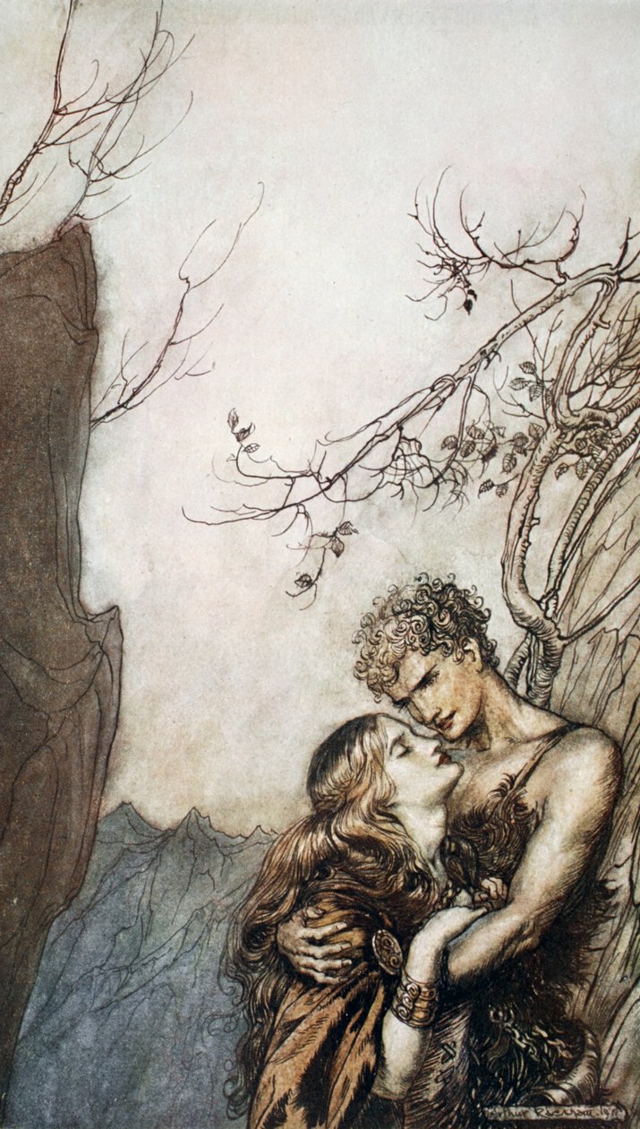 Brunnhilde werpt zich in Siegfrieds armen, 1924 door Arthur Rackham