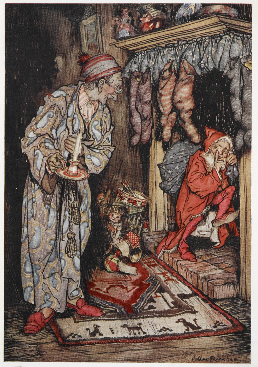 Kerstman bezorgt cadeautjes op kerstavond door Arthur Rackham
