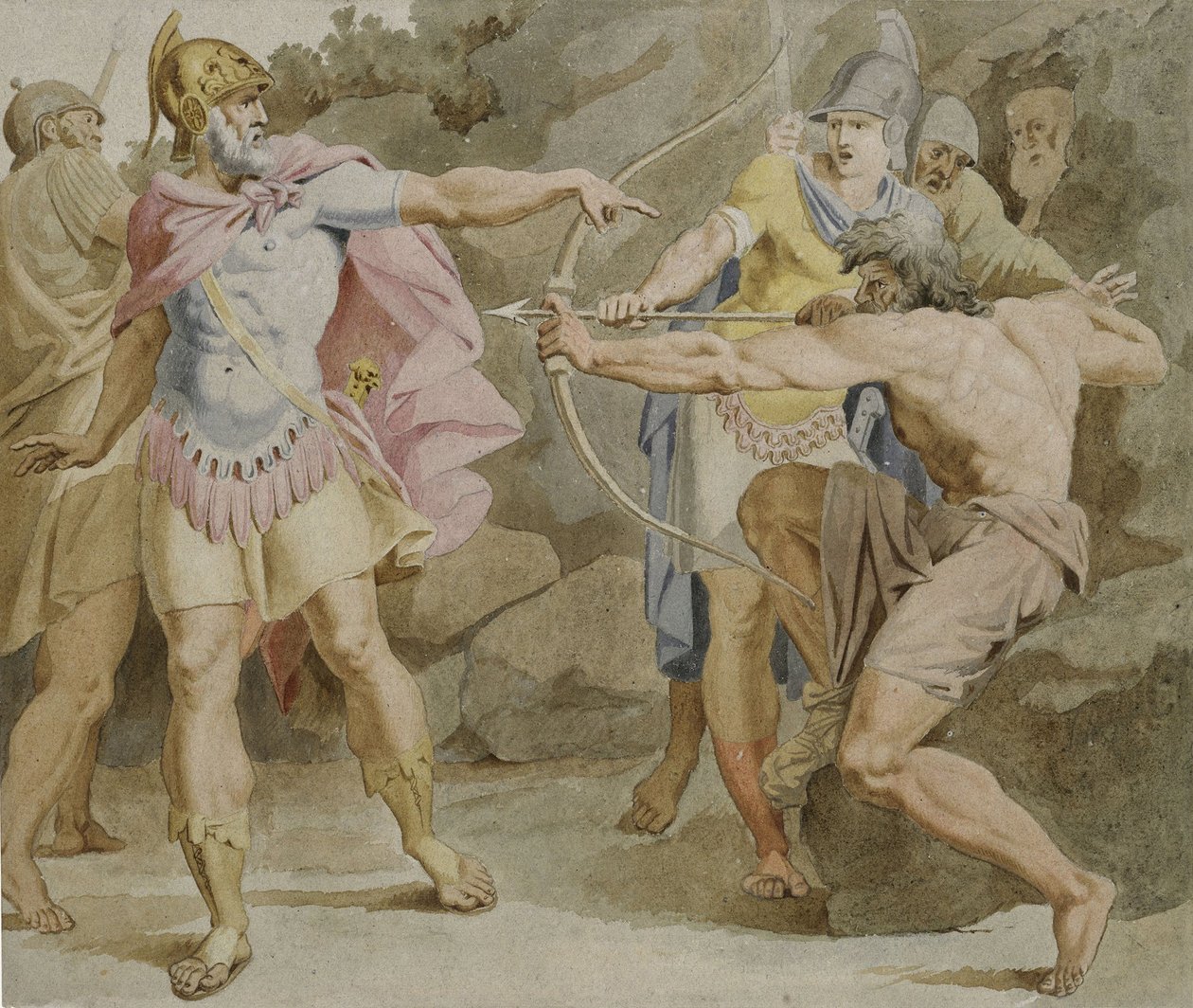 Philoctetes richt de boog van Hercules op Odysseus door Asmus Jakob Carstens
