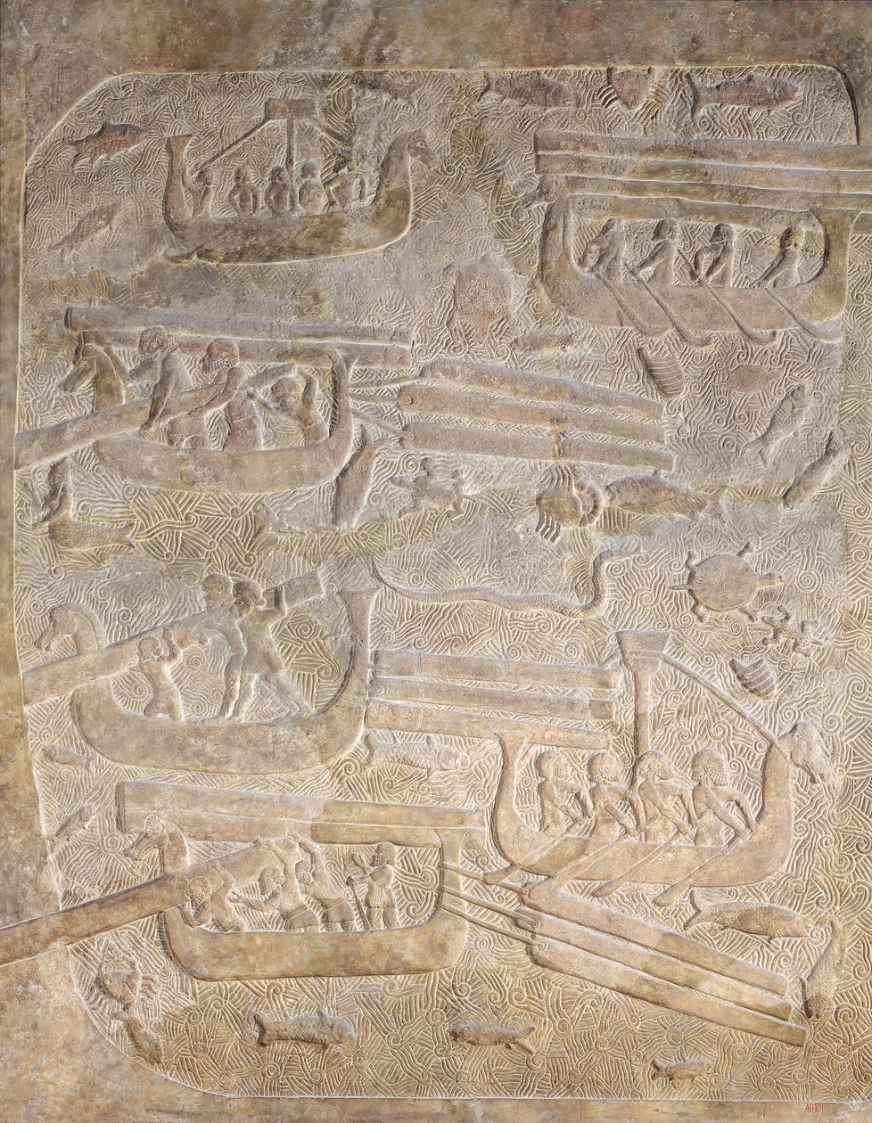 Reliëf dat het lossen van hout na transport over zee uitbeeldt, uit het paleis van Sargon II, Khorsabad, Irak door Assyrian