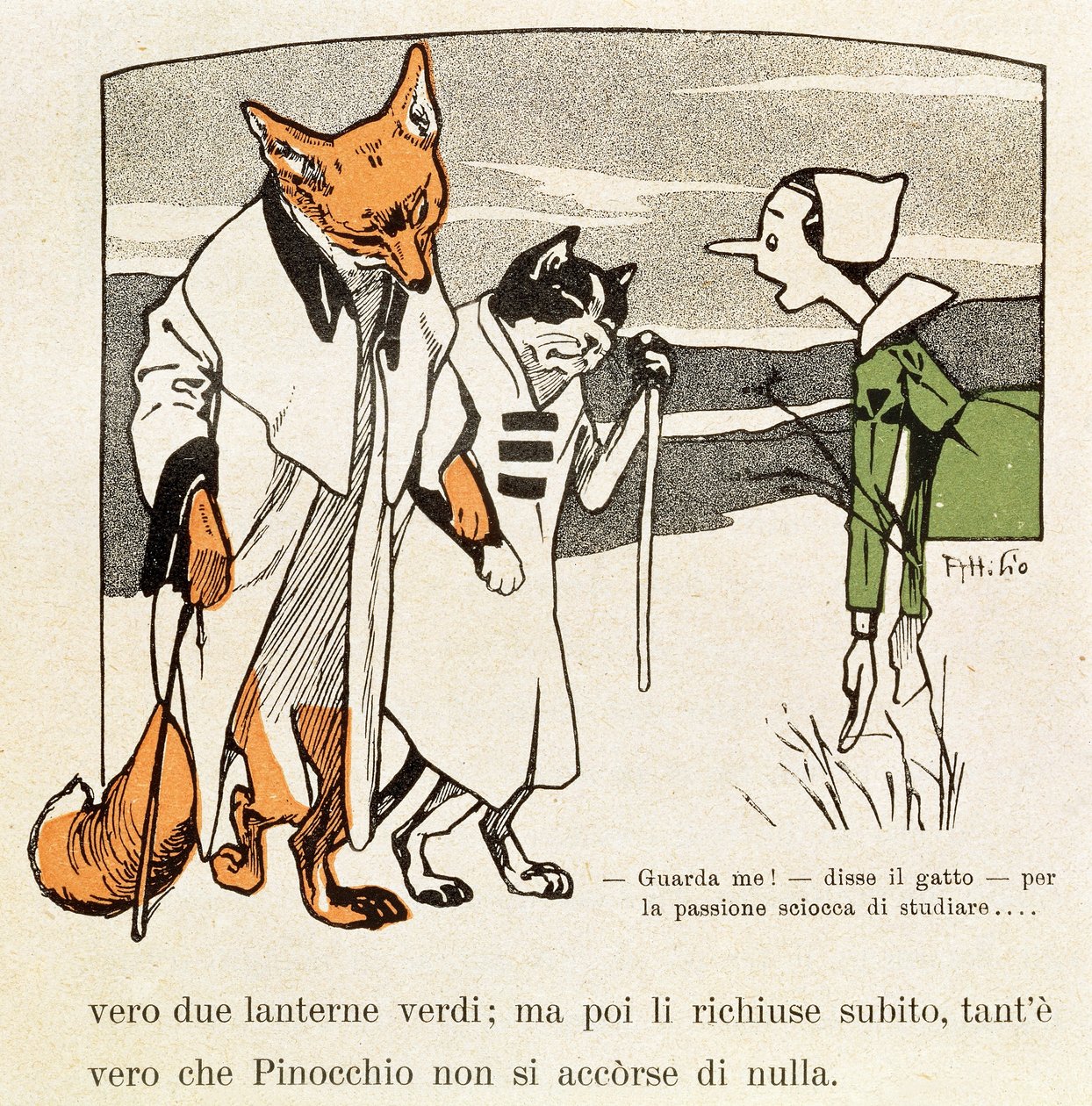 Pinokkio ontmoet kat en vos door Attilio Mussino