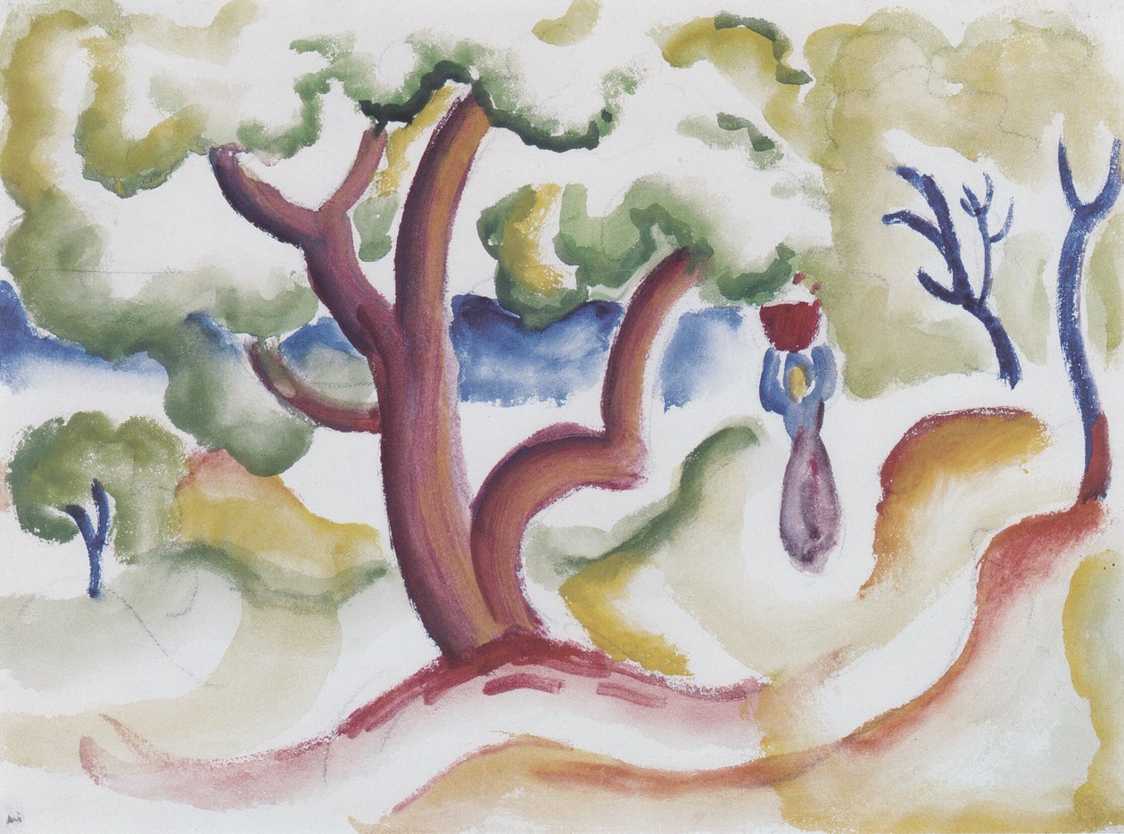 Vrouw met kruik onder bomen door August Macke