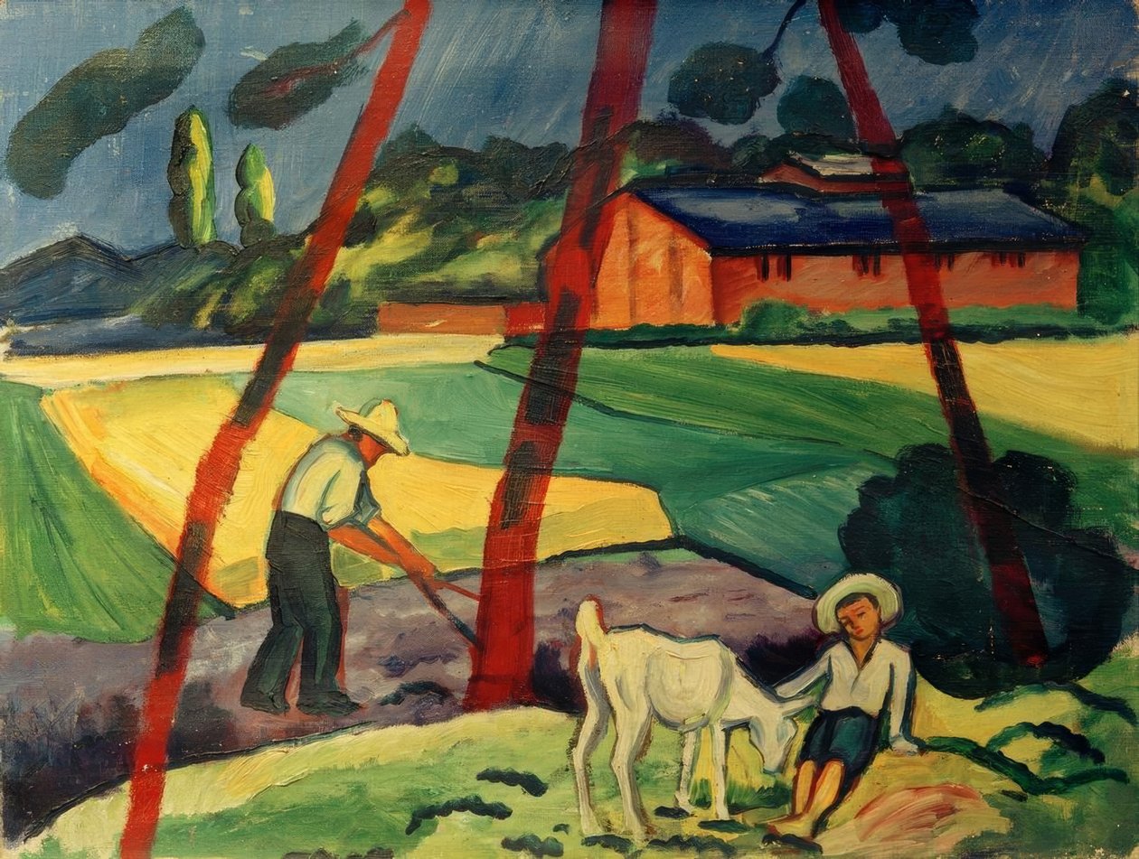 Landschap met boer, jongen en geit door August Macke