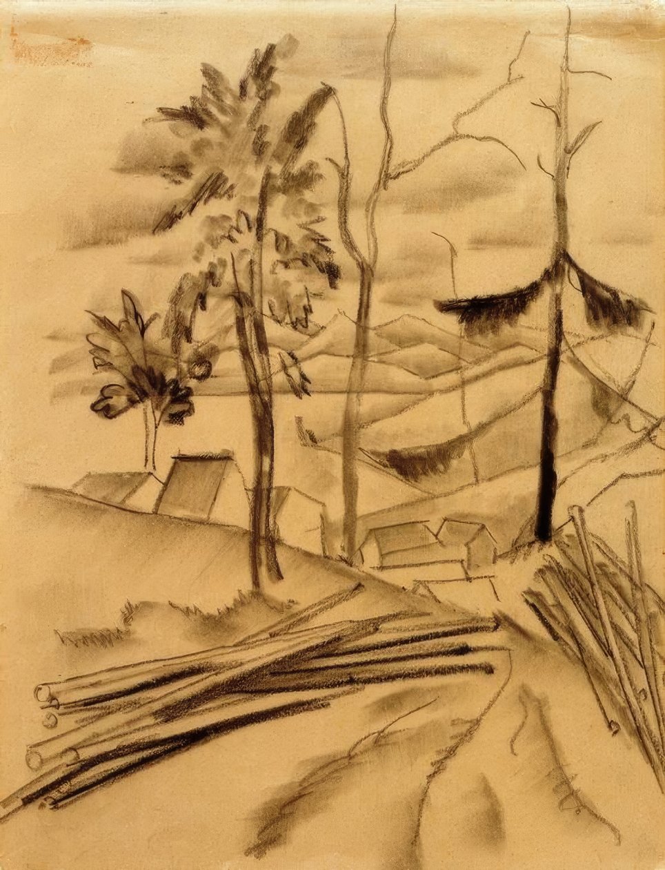 Landschap met boomstammen door August Macke