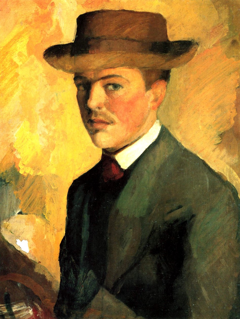 Zelfportret met hoed door August Macke