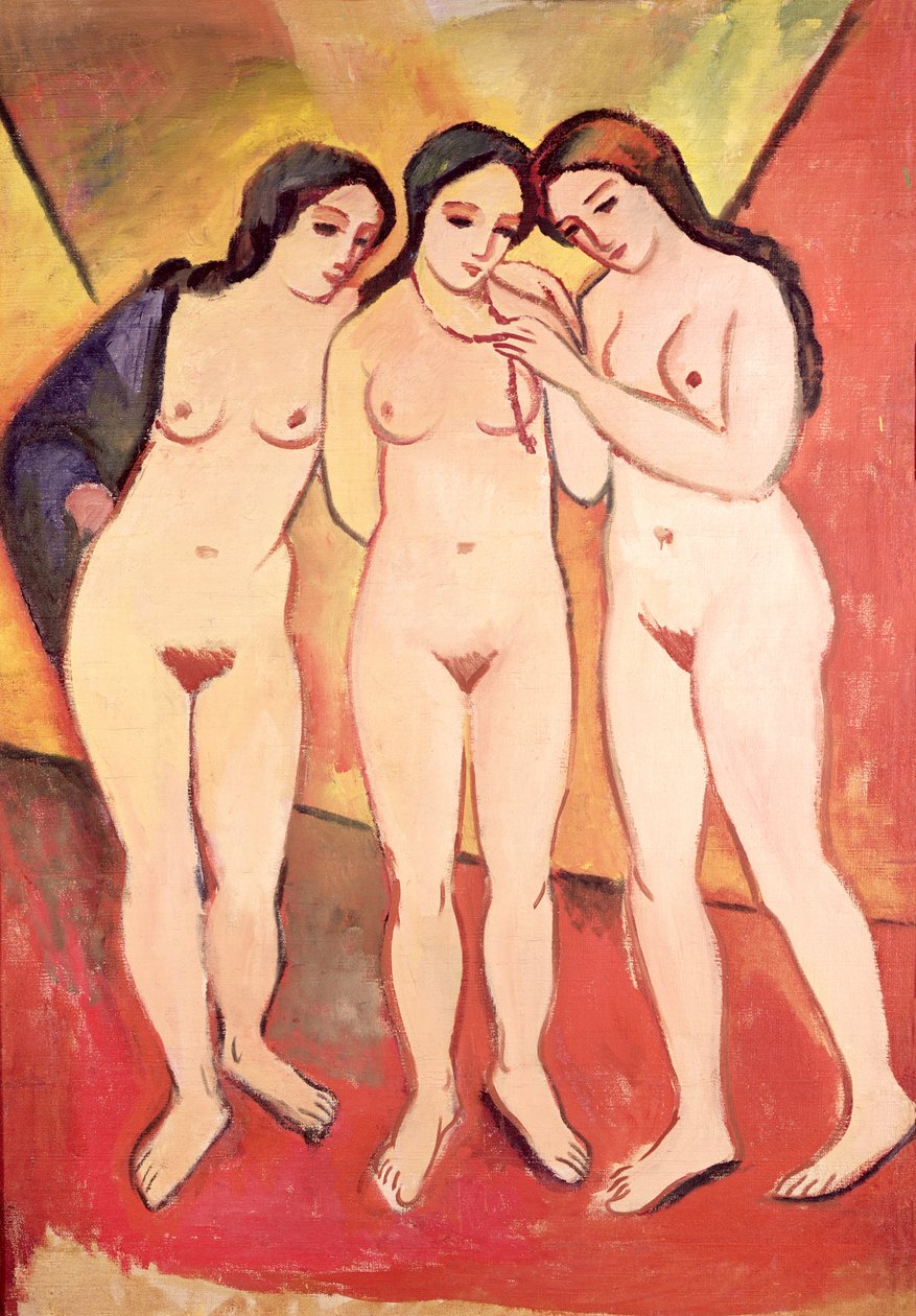 Drie Naakte Meisjes (rood en oranje) door August Macke
