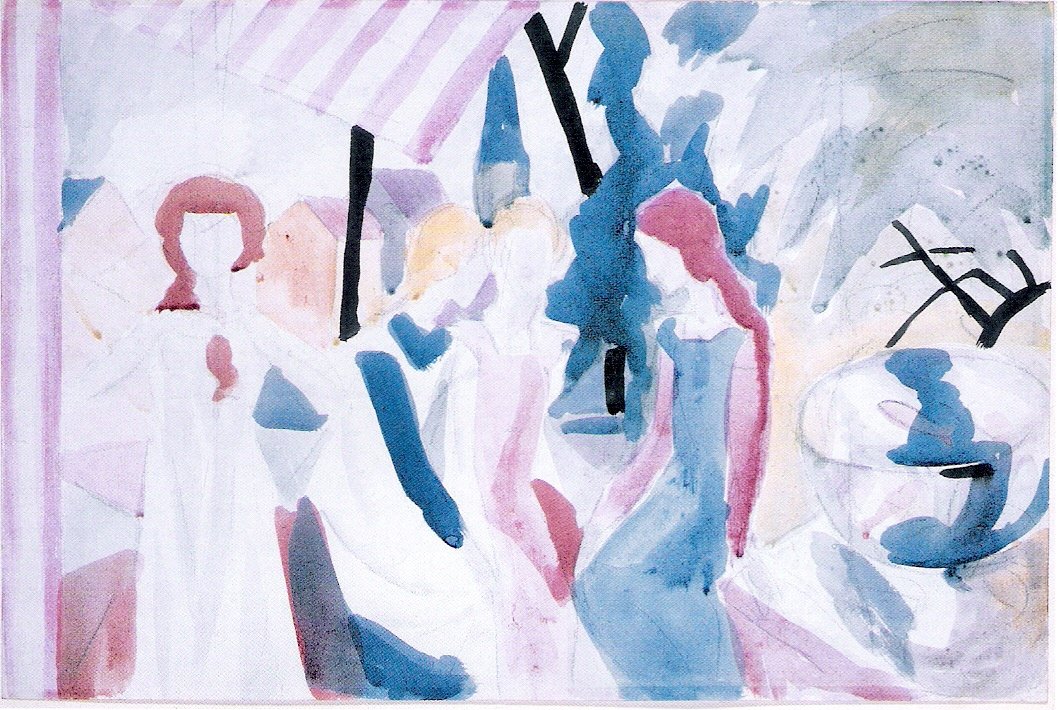 Vier meisjes op een balkon door August Macke