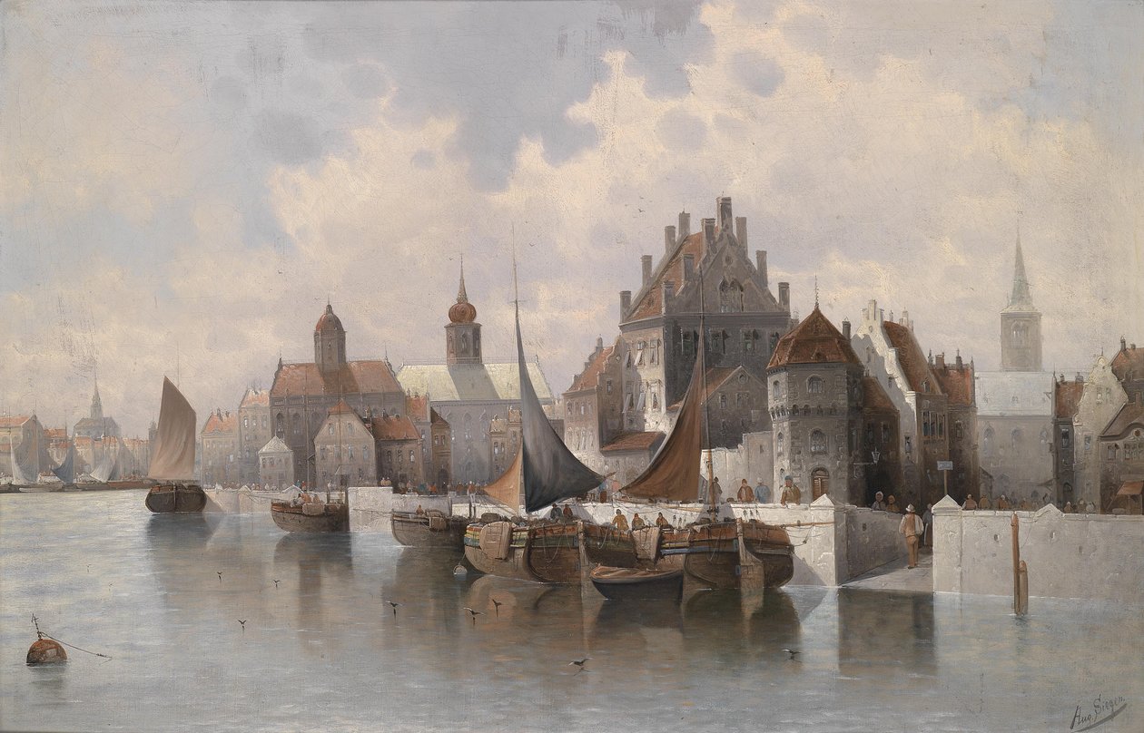 Uitzicht op een havenstad door August von Siegen
