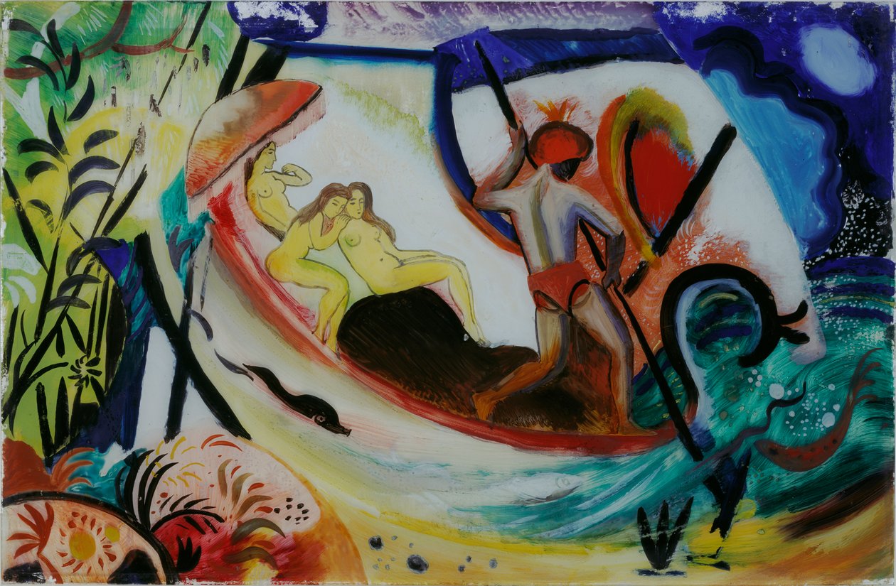Drie meisjes in een boot door August Macke