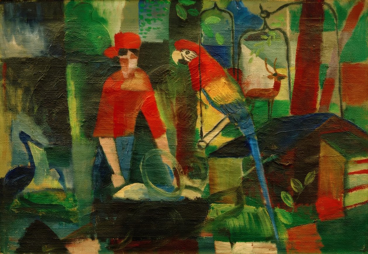 Vrouw met papegaai in een landschap door August Macke