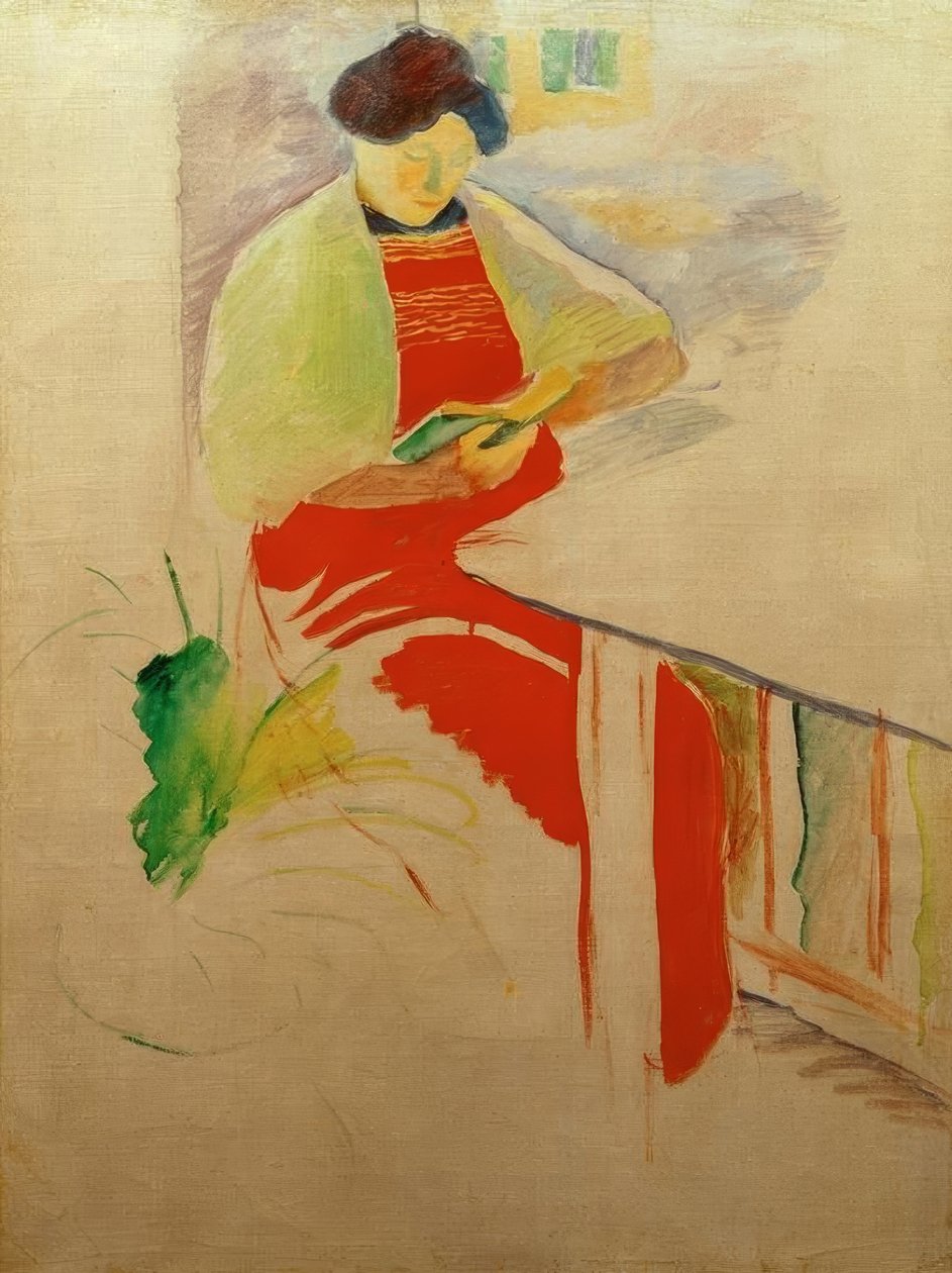 Vrouw met rode schort op balkon (Elisabeth) door August Macke
