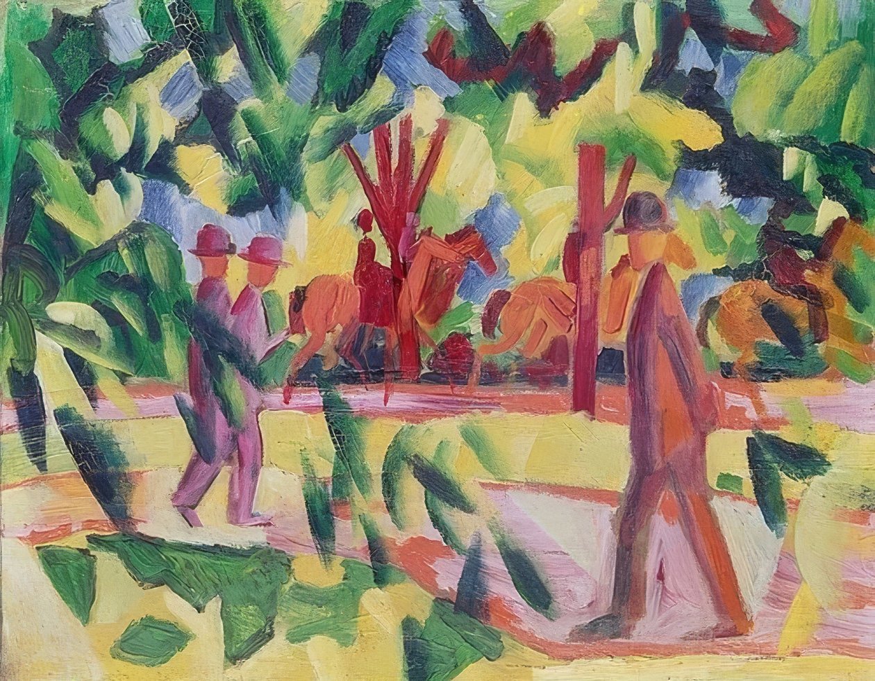 Ruiters en wandelaars in een laan. 1914 door August Macke