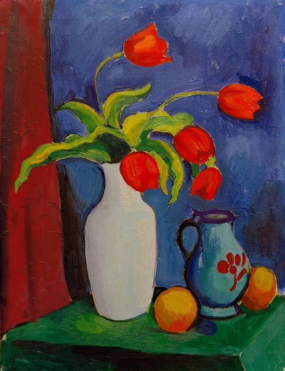 Rode tulpen in witte vaas door August Macke