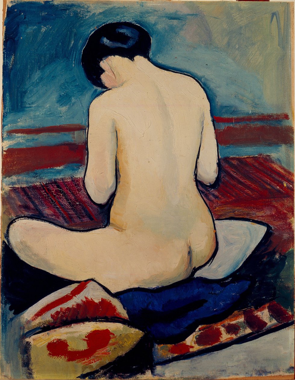 Naakt zitten met kussen door August Macke