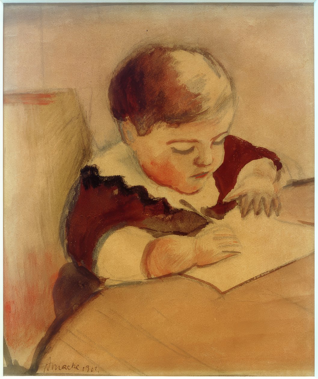 Walter, schilderend aan tafel door August Macke