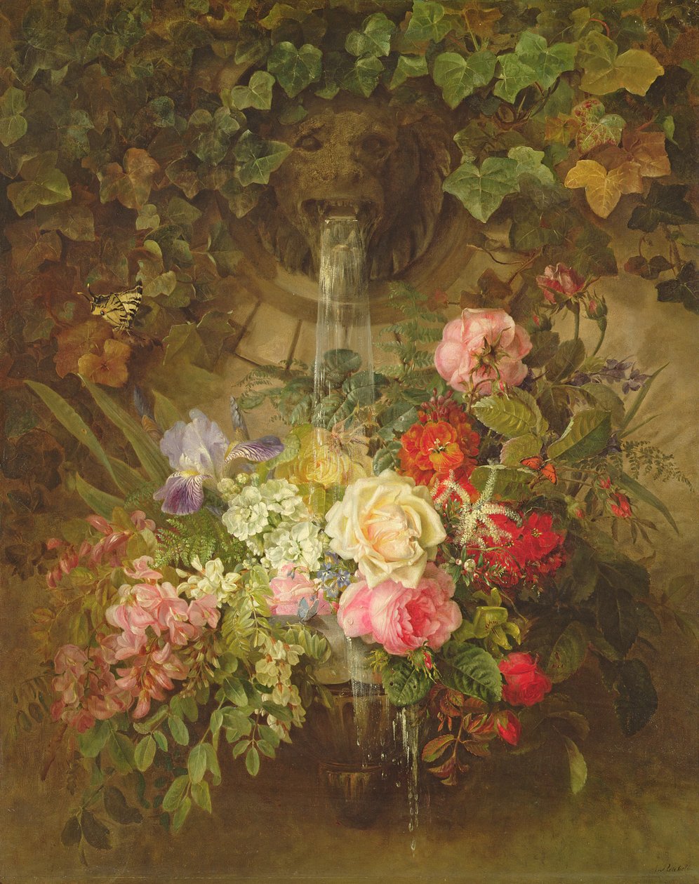 Bloemen onder een leeuwenfontein door Auguste Wilhelmine Reichelt