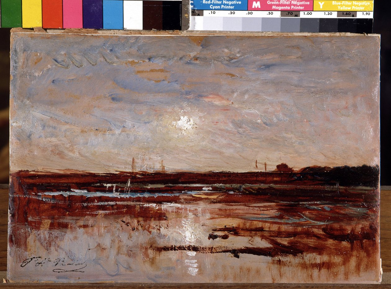 Zonsondergang op een vijver door Auguste Francois Ravier