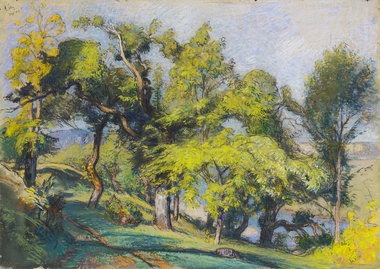 Kastanjebomen boven een rivier door Auguste Lepere