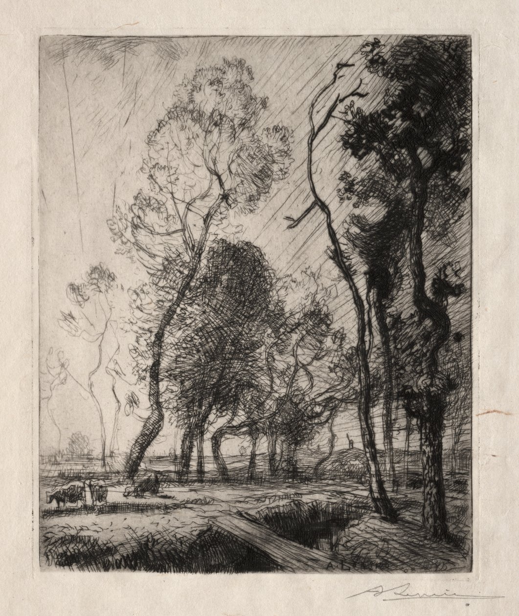 Zonsondergang achter de bomen door Auguste Louis Lepère