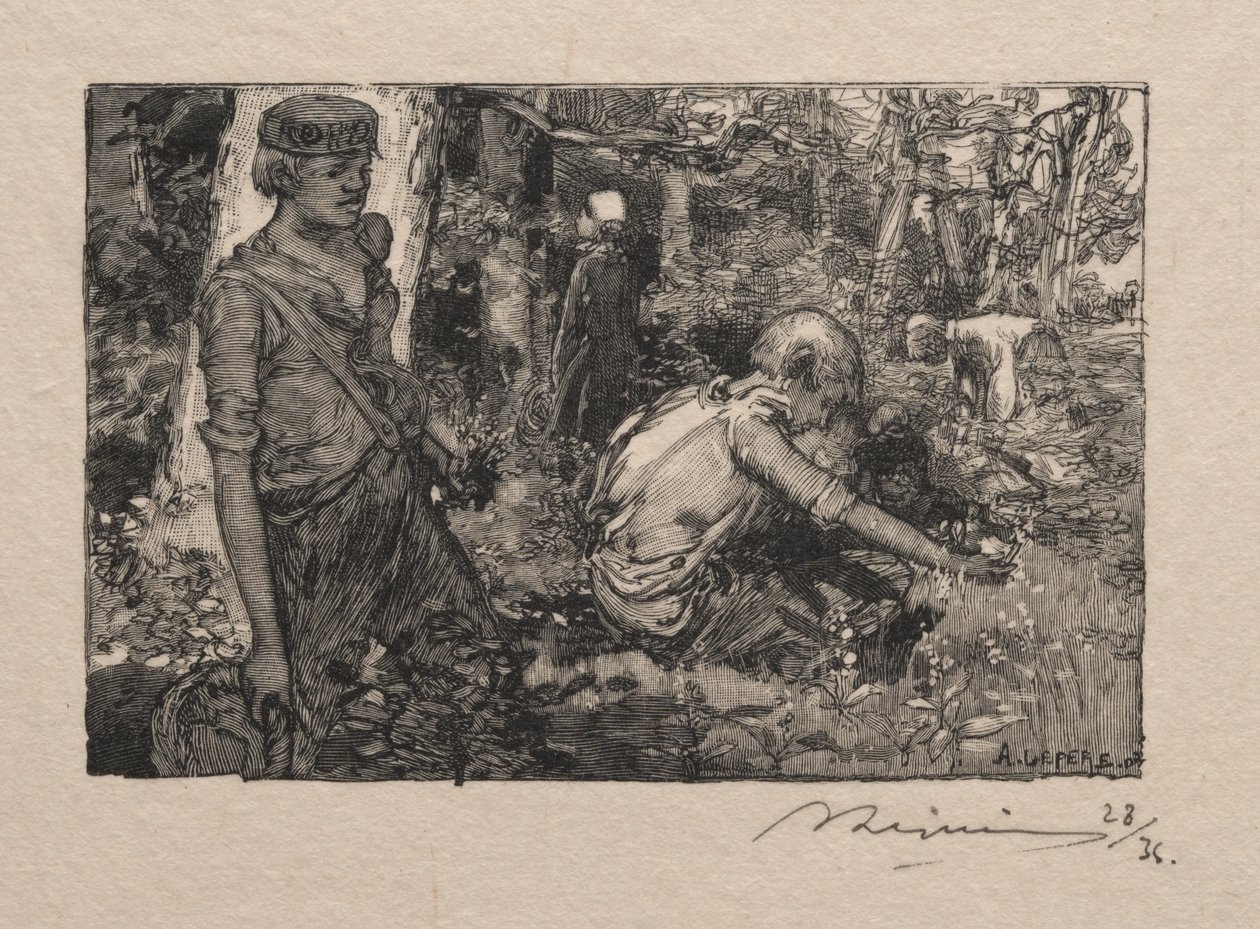 Lelietjes-van-dalen plukken door Auguste Louis Lepère