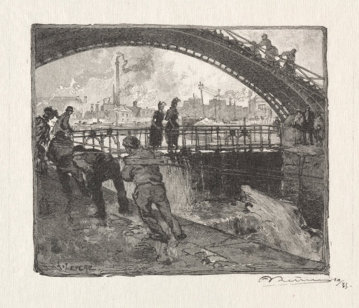 De sluis van het Canal St. Martin, 1890 door Auguste Louis Lepère
