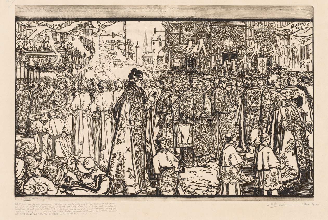 De Processie van het Fête-Dieu in Nantes door Auguste Louis Lepère