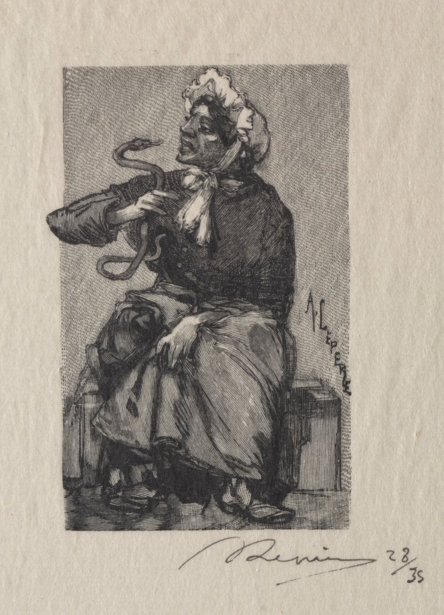 Slangenverkoopster, 1889 door Auguste Louis Lepère