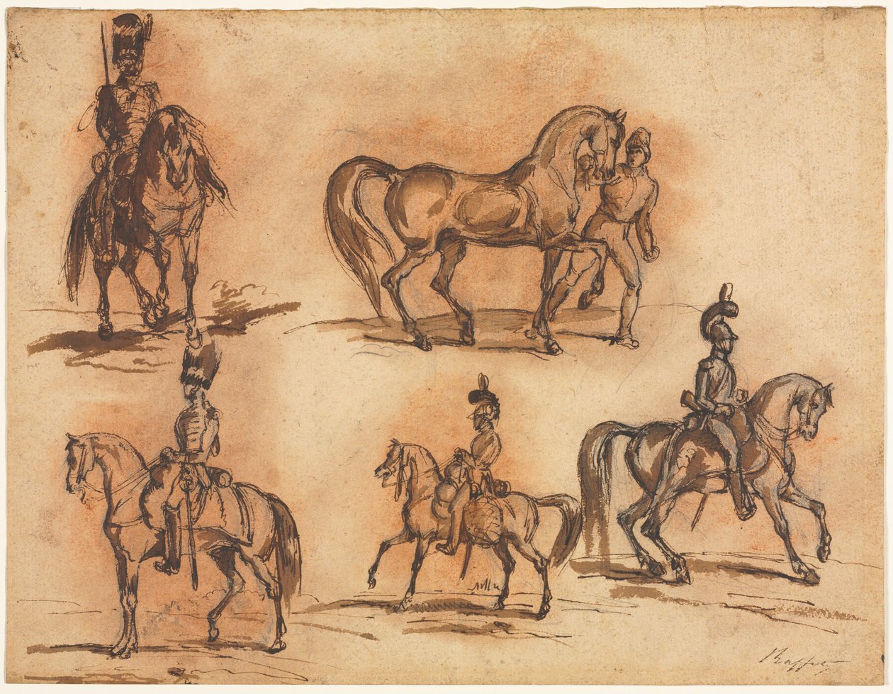 Vijf Ruiterstudies: Cavaleristen door Auguste Raffet