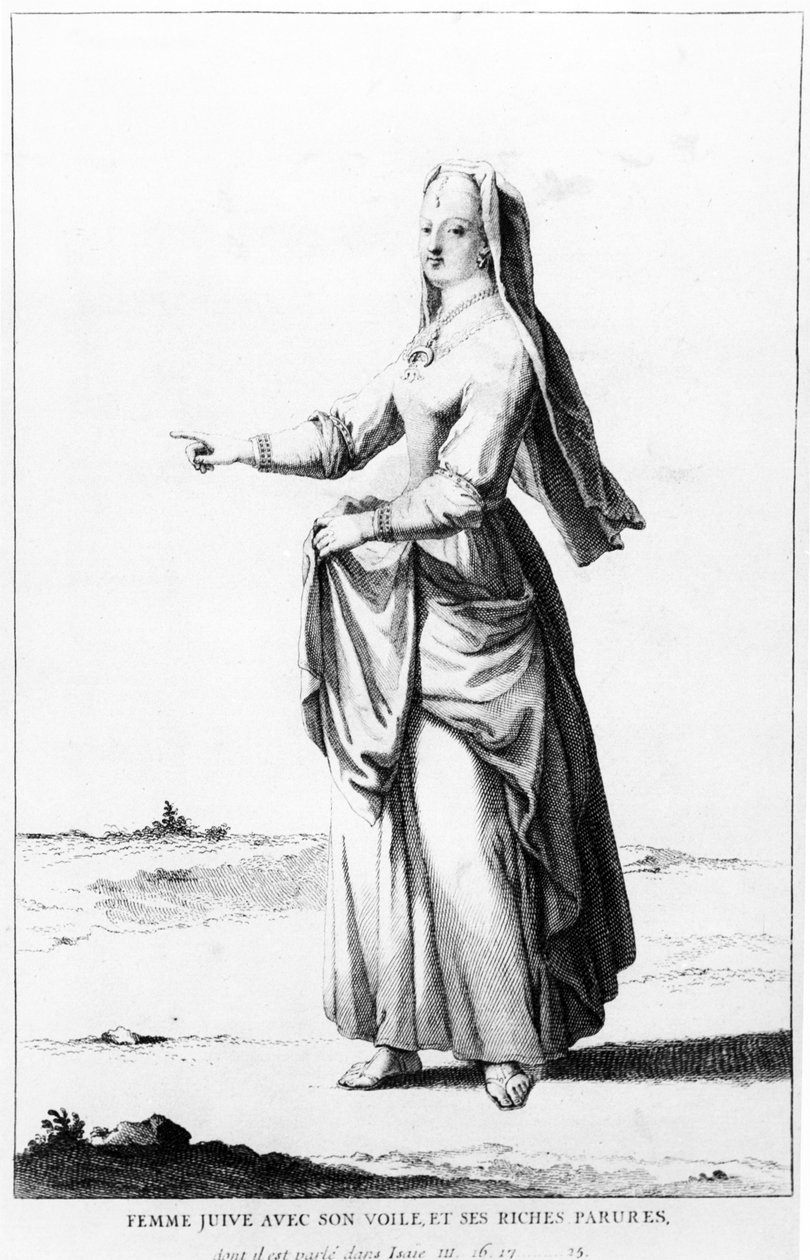 Franse Joodse vrouw met haar sluier en haar rijke ornamenten, illustratie uit Dictionnaire Historique de la Bible, 1722 door Augustin Calmet